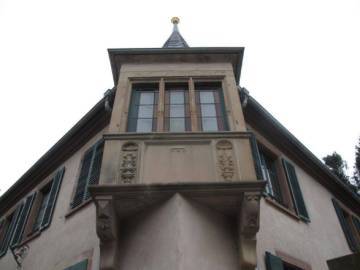 Vue du Châtelet à Benfeld, détail de l’oriel à l’angle nord-ouest.