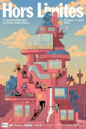 Affiche en couleur du festival Hors-Limites 2025. Représentation d'un immeuble dont les murs sont peints en rose, couleur dominante de l'affiche. Jérémy Perrodeau, illustrateur de cette affiche explique : "Tous les chemins mènent au festival Hors limites" le copyright indique :  illustration Jérémy Perrodeau / graphisme : Studio des formes