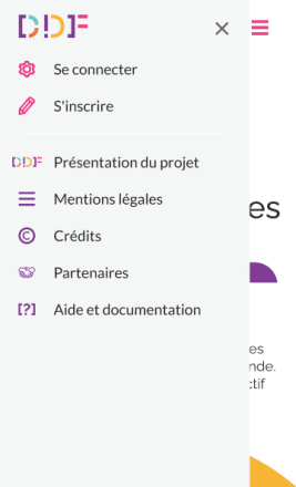 Capture d'écran du menu du Dictionnaire des francophones. Il est composé des rubriques : "Se connecter", "S'inscrire', "Présentation du projet"; "Mentions légales", "Crédits", "Partenaires" et "Aide et documentation".