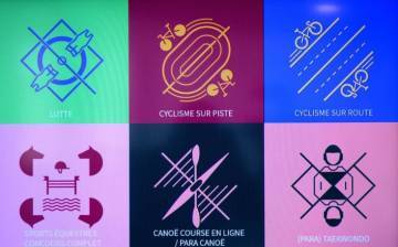 signalétique jo six carrés colorés avec logo de sport