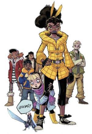 Illustration avec six personnages, tous enfants ou adolescents, sur fond blanc.
