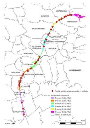 Plan de l'emprise des fouilles archéologiques réalisées sur le chantier de contournement Ouest de Strasbourg