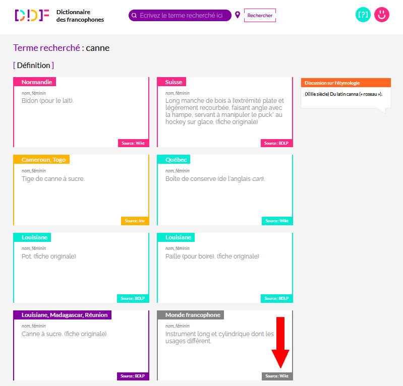 Capture d'écran du résultat de recherche du mot "canne"sur le Dictionnaire des francophones où la source "Wikt" est mise en avant par une flèche rouge. A droite, un encadré précise l'étymologie : "(XIIIe siècle) Du latin canna (« roseau »)." Plusieurs définitions sont trouvées : 1 : (nom, féminin) Bidon (pour le lait).. Cette fiche est étiquetée "Normandie" et la source indiquée est "Wikt". 2 : (nom, féminin) Long manche de bois à l’extrémité plate et légèrement recourbée, faisant angle avec la hampe, servant à manipuler le puck* au hockey sur glace.. Cette fiche est étiquetée "Suisse" et la source indiquée est "BDLP". 3 : (nom, féminin) Tige de canne à sucre. Cette fiche est étiquetée "Cameroun, Togo" et la source indiquée est "Inv". 4 : (nom, féminin) Boîte de conserve (de l'anglais can). Cette fiche est étiquetée "Québec" et la source indiquée est "Wikt". 5 : (nom, féminin) Pot. Cette fiche est étiquetée "Louisiane" et la source indiquée est "BDLP". 6 : (nom, féminin) Paille (pour boire). Cette fiche est étiquetée "Louisiane" et la source indiquée est "BDLP". 7 : (nom, féminin) Canne à sucre. Cette fiche est étiquetée "Louisiane, Madagascar, Réunion" et la source indiquée est "BDLP". 8 : (nom, féminin) Instrument long et cylindrique dont les usages diffèrent. Cette fiche est étiquetée "Monde francophone" et la source indiquée est "Wikt".