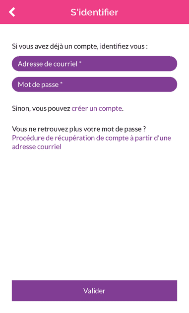 Capture d'écran de la page permettant de s'identifier ou de créer un compte sur le Dictionnaire des francophones.  Pour se connecter, il faut renseigner l'adresse courriel et le mot de passe. Sinon, il est possible de créer un compte en cliquant sur "créer un compte". Si le mot de passe est perdu, il est possible de le récupérer en cliquant sur "Procédure de récupération de compte à partir d'une adresse courriel"