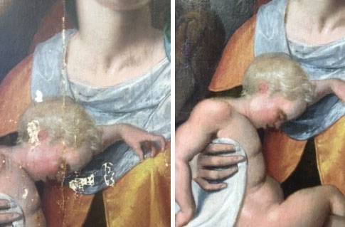 Les trois Marie. Panneau peint. Eglise Saint-Etienne de Bar-sur-Seine (Aube) : détail avant et après restauration