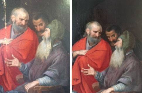 Les trois Marie. Panneau peint. Eglise Saint-Etienne de Bar-sur-Seine (Aube) : détail avant et après restauration