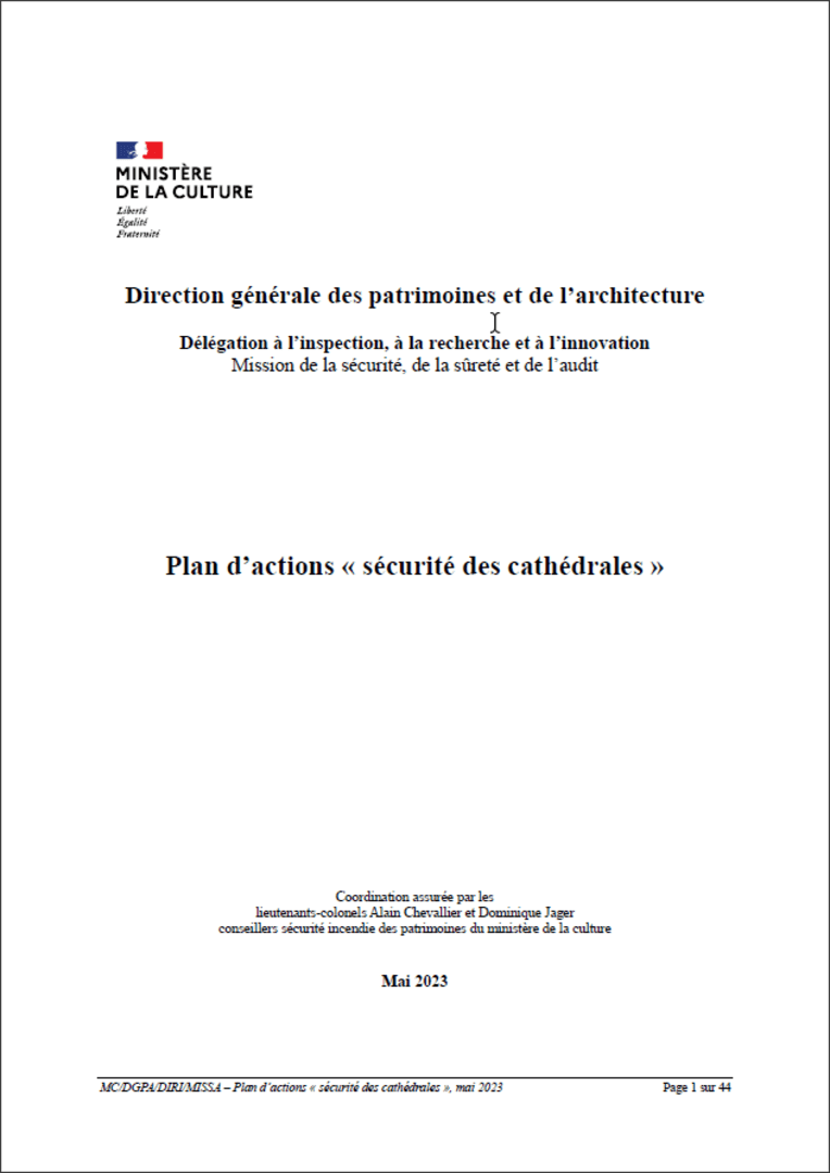Couverture du Plan d'actions « Sécurité des Cathédrales », mis à jour en Mai 2023.