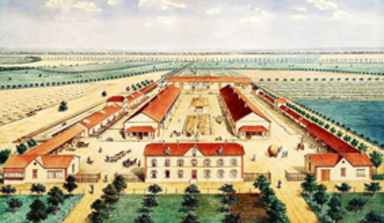 Perspective d’ensemble de la Ferme de Platé, d’Armand Moisant à Neuville-le-Roi