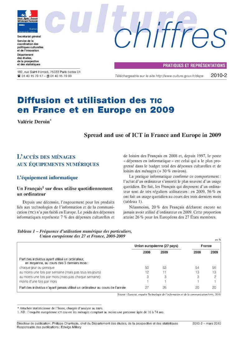 Diffusion et utilisations des Tic en France et en Europe en 2009