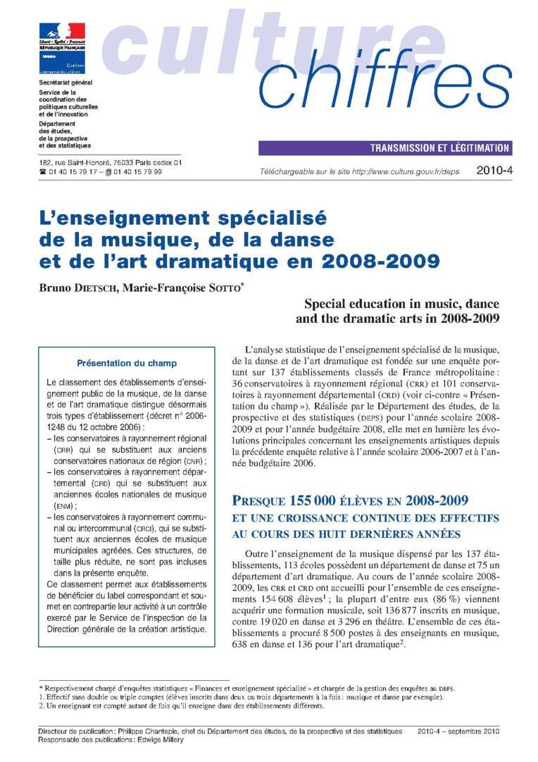 L’enseignement spécialisé de la musique, de la danse et de l’art dramatique en 2008-2009