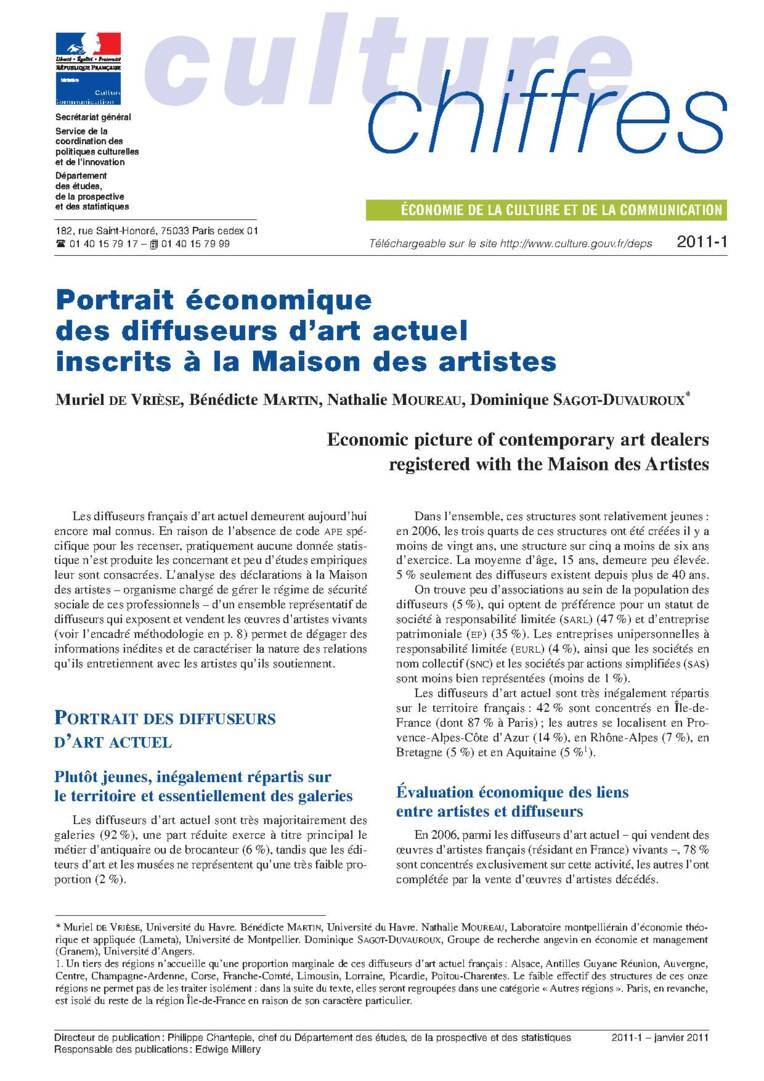 Portrait économique des diffuseurs d'art actuel inscrits à la Maison des artistes