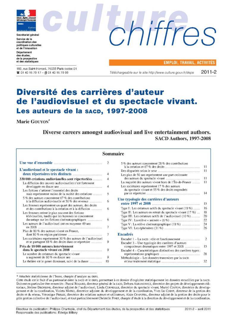 Diversité des carrières d’auteur de l’audiovisuel et du spectacle vivant. Les auteurs de la SACD, 1997-2008