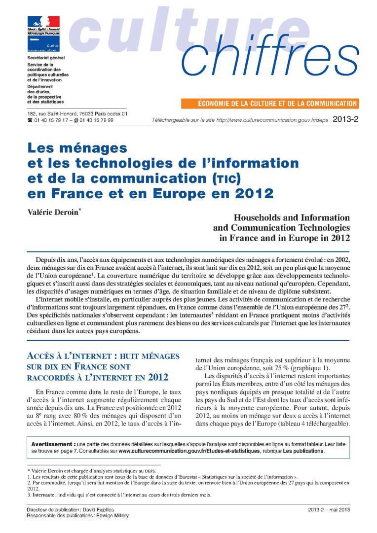 Les ménages et les technologies de l'information et de la communication en France et en Europe en 2012