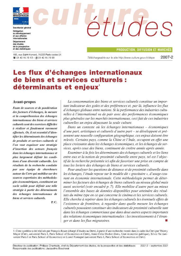 Les flux d’échanges internationaux de biens et services culturels : déterminants et enjeux 