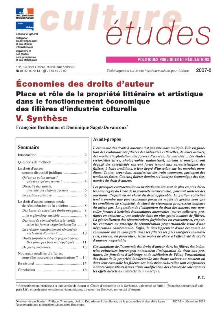 V. Économies des droits d’auteur : Synthèse 