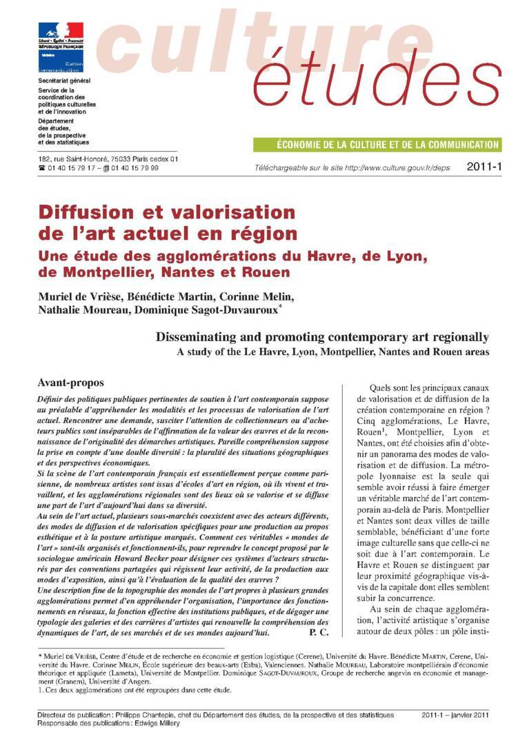 Diffusion et valorisation de l’art actuel en région. Une étude des agglomérations du Havre, de Lyon, de Montpellier, Nantes et Rouen