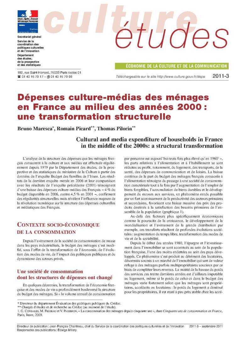 Dépenses culture-médias des ménages au milieu des années 2000 : une transformation structurelle