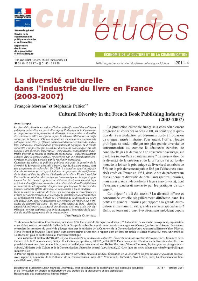 La diversité culturelle dans l’industrie du livre en France (2003-2007)