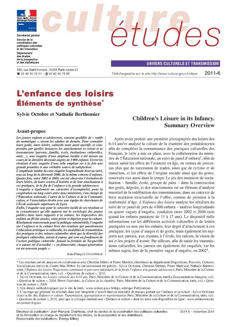 L’enfance des loisirs. Éléments de synthèse