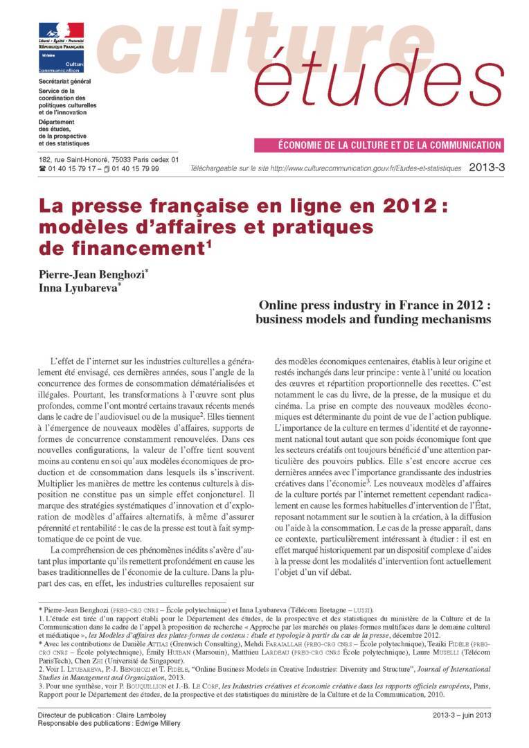La presse française en ligne en 2012 : modèles d'affaires et pratiques de financement