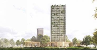 croquis représentant une tour avec un jardin au pied