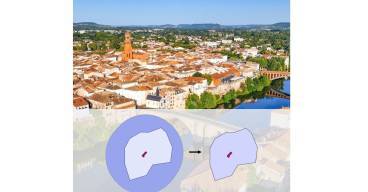 Vue aérienne de Villeneuve -sur-Lot, Lot-et-Garonne, avec, en superposition transparente, un schéma montrant la transformation d’un périmètre de 500m en Périmètre délimité d’un abord (PDA)
