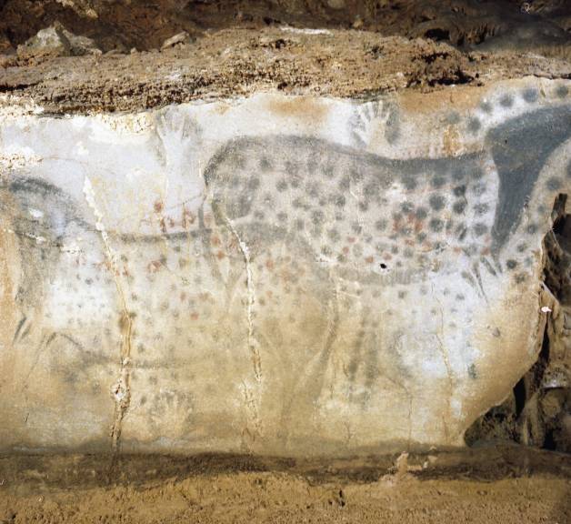 Sur le Panneau des Chevaux Ponctués, deux chevaux se tournent le dos. Ils sont blancs à contours noirs. Leur robe est faite de gros points noirs. Des points noirs et des mains négatives les encadrent.