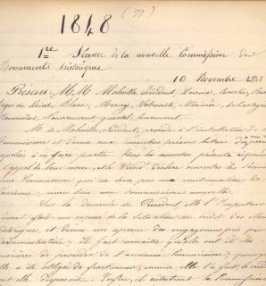Procès verbal de la première séance de la commission des monuments historiques en date du 10 novembre 1848.