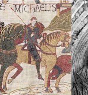 trois images en bande : Mors, Cheval de Guillaume - tapisserie de Bayeux,  Cheval tirant des berlines au fond de la mine
