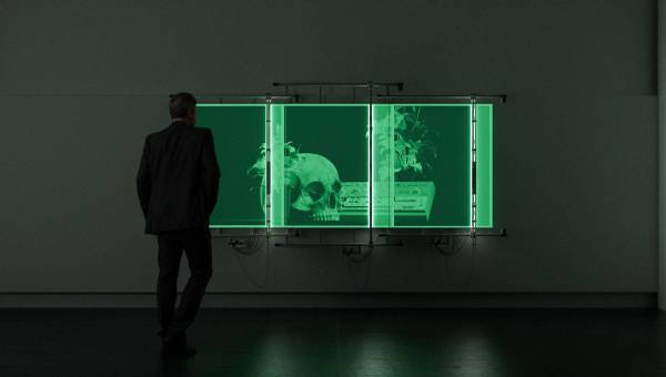 photo d'un écran vert avec un crâne et d'une personne de dos, dans le noir, en train de le regarder