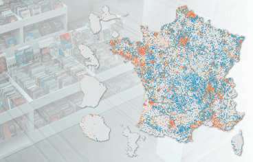 Une carte de France représentant la répartition des bibliothèques sur le territoire avec une image de bibliothèque en arrière plan.