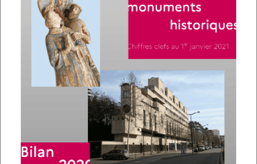 Couverture du bilan : La protection au titre des monuments historiques - Bilan 2020 - Chiffres clefs au 1er janvier 2021