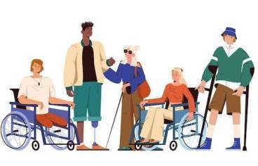 Dessin représentant un groupe de cinq personnes en situation de différents handicap.