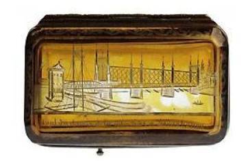 Boite ornée du pont de chemin de fer entre Khel et Strasbourg, inauguré en avril 1861. © Musée historique de Strasbourg, M. Bertola.