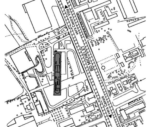Cité radieuse - Marseille, plan de masse avec les accès sur le bd Michelet