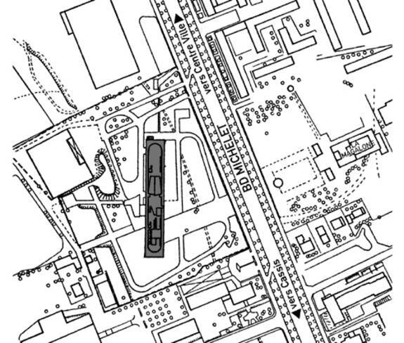 Cité radieuse - Marseille, plan de masse avec les accès sur le bd Michelet