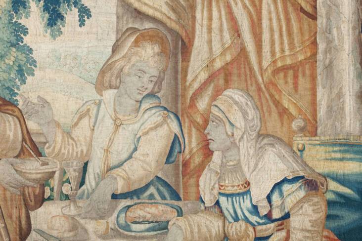 Détail tapisserie flamande Jacob et Esaü le plat de lentilles 17° siècle  - Trésor de la cathédrale Saint-Jean à Lyon