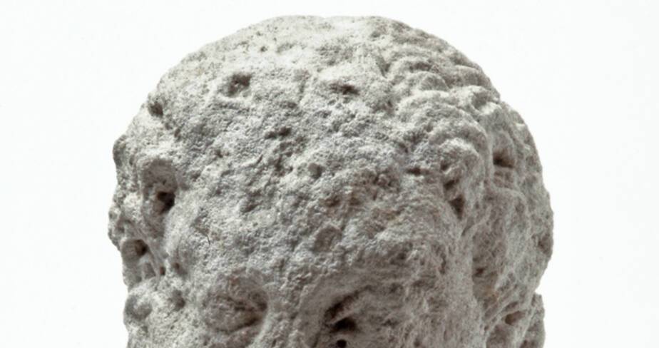 Vue rapprochée d'une tête barbue d'Hercule découverte dans le puits à dromos LX à Glanum.