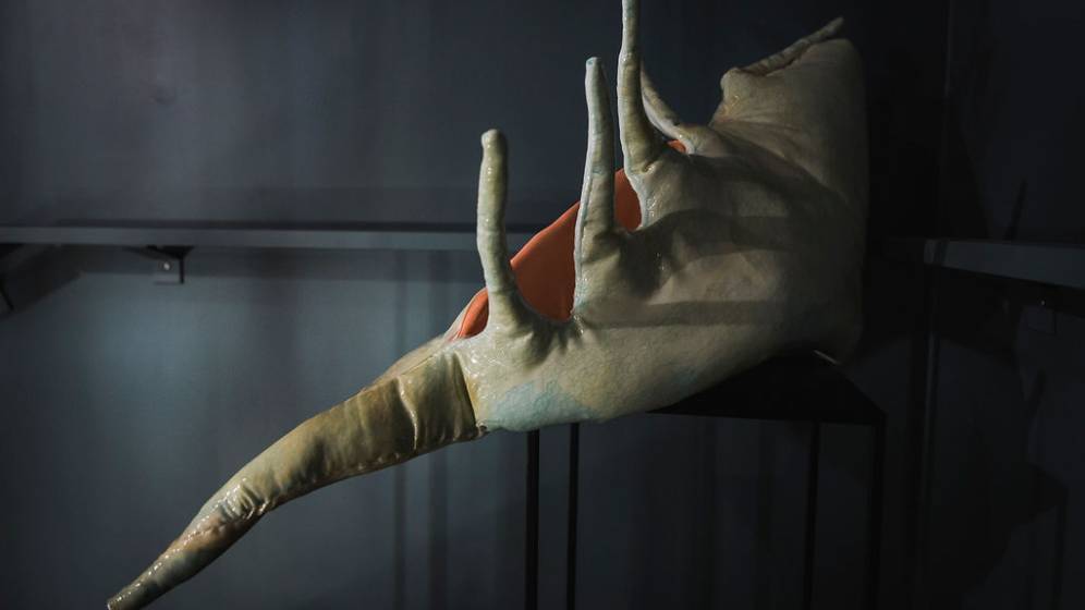 Lachésis Shell, Chloé Viton, 2022. Sculpture costume, 50x90cm, tissus, résine.