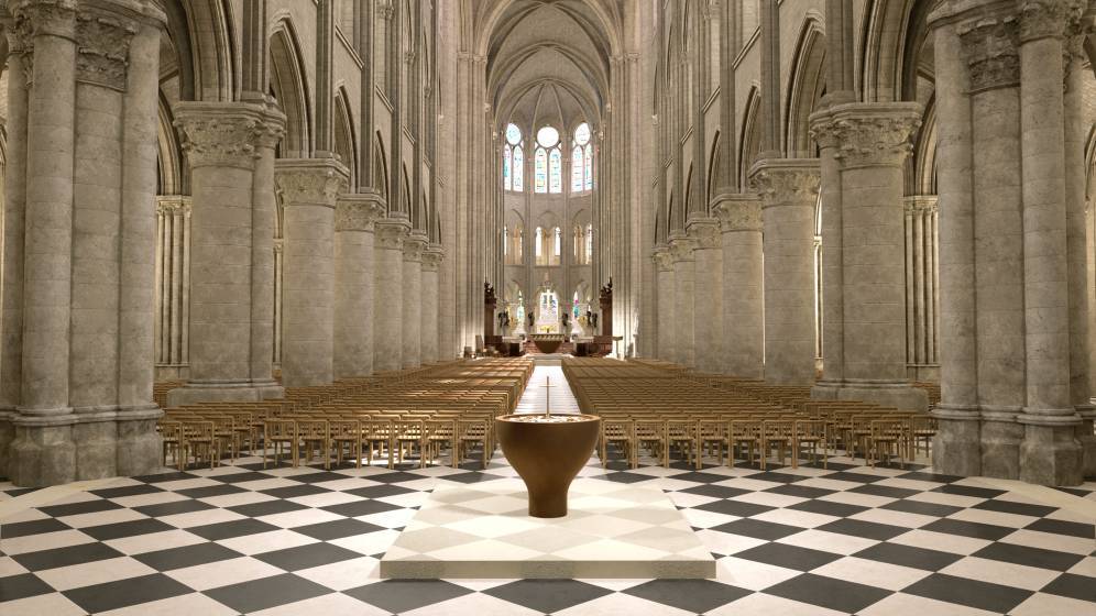 photo de l'intérieur de notre dame avec le mobilier et les nouvelles chaises
