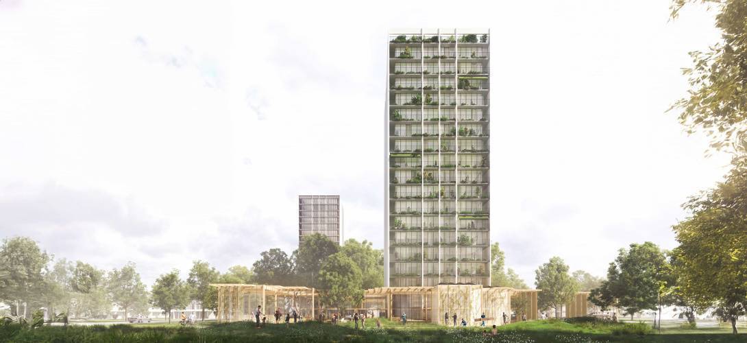 croquis représentant une tour avec un jardin au pied