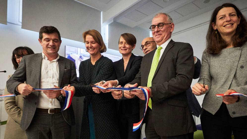 Benoist Apparu, Maire de Châlons-en-Champagne ; Marie Villette, Secrétaire générale du ministère de la Culture ; Christelle Creff, directrice régionale des affaires culturelle Grand Est ; Laura Chaubard, directrice générale de l'Etablissement Public du Parc et de la Grande Halle de la Villette