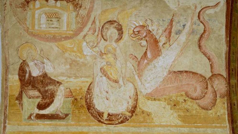 Détail d’une fresque du porche de l’abbatiale de Saint-Sébastien-sur-Loire.