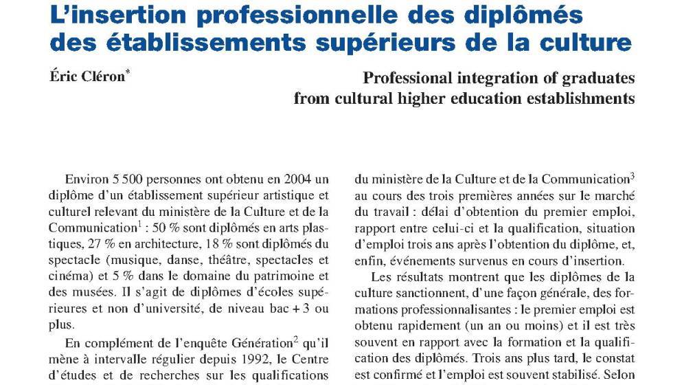 L'insertion professionnelle des diplômés des établissements supérieurs de la culture