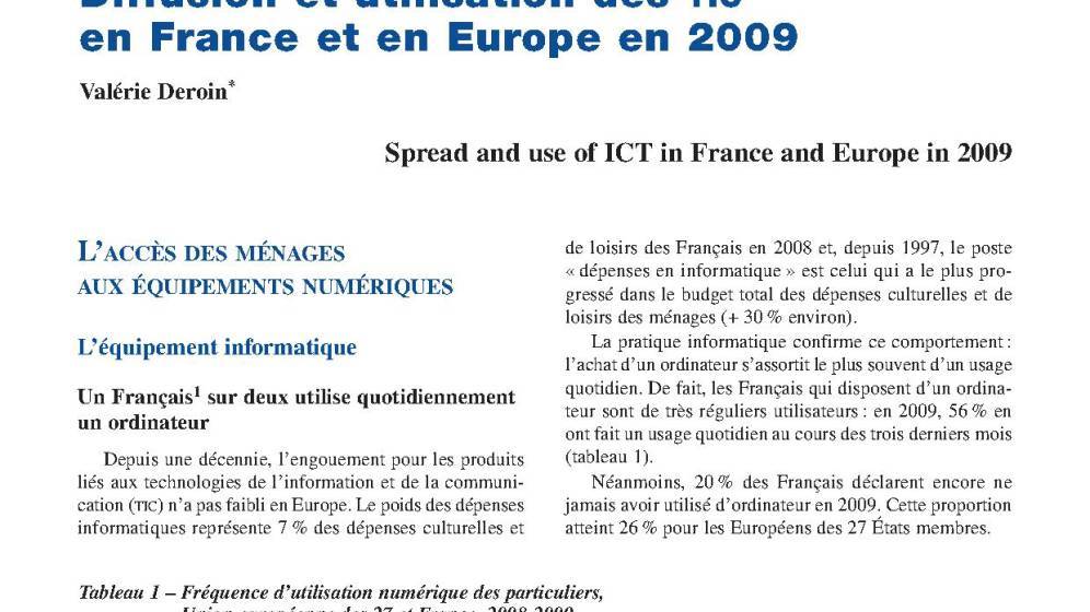 Diffusion et utilisations des Tic en France et en Europe en 2009