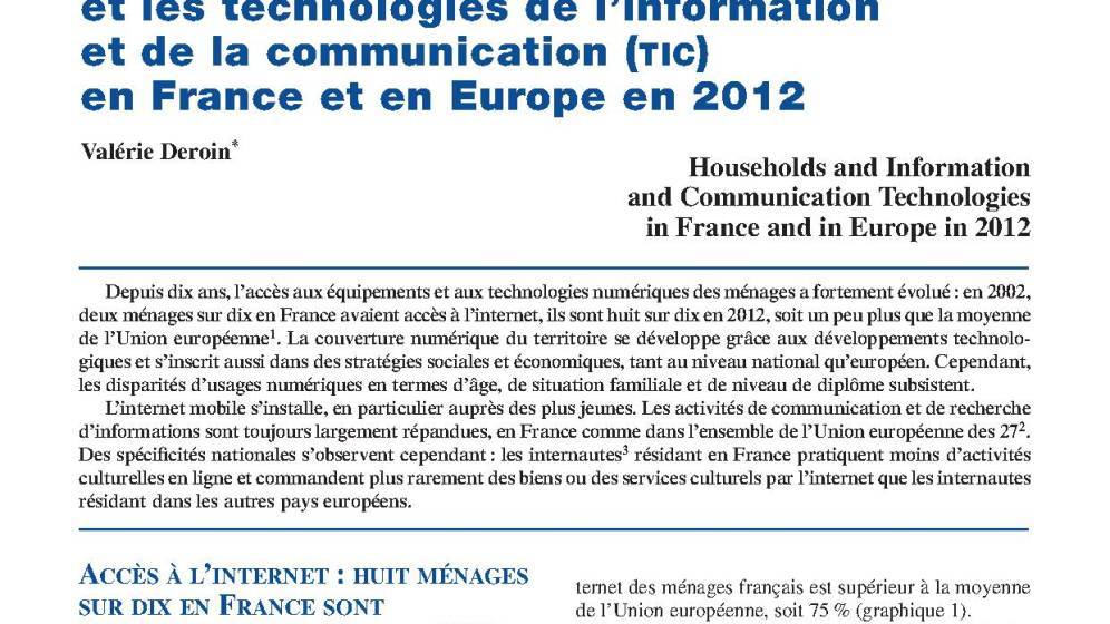 Les ménages et les technologies de l'information et de la communication en France et en Europe en 2012