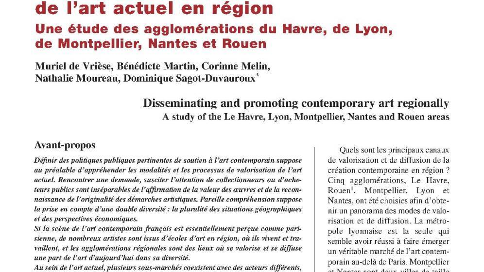 Diffusion et valorisation de l’art actuel en région. Une étude des agglomérations du Havre, de Lyon, de Montpellier, Nantes et Rouen