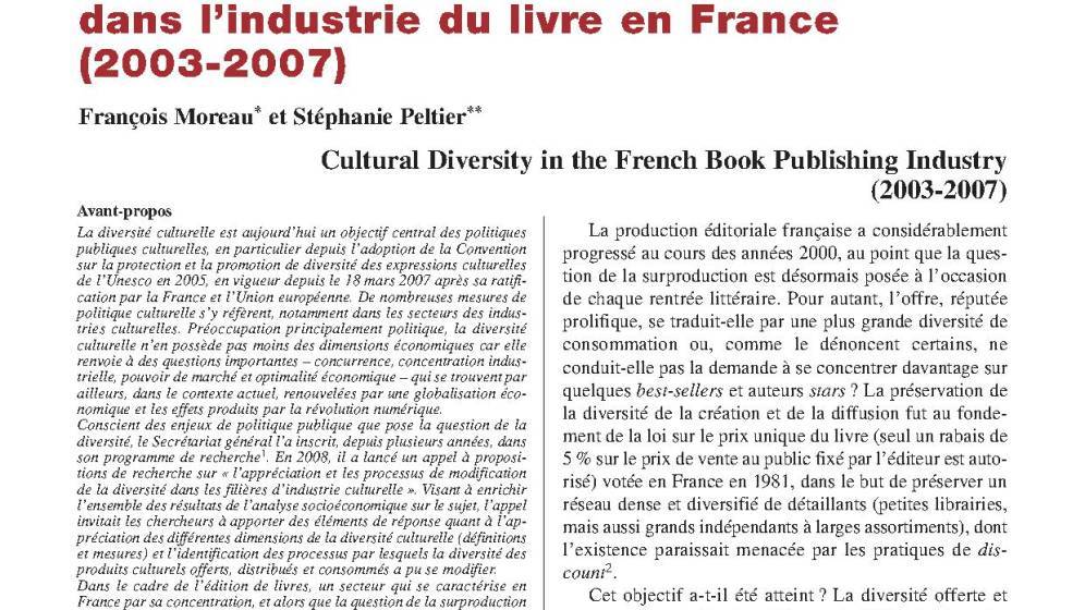 La diversité culturelle dans l’industrie du livre en France (2003-2007)