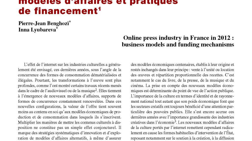 La presse française en ligne en 2012 : modèles d'affaires et pratiques de financement