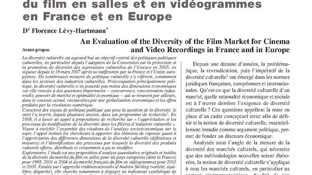 Une mesure de la diversité des marchés du film en salles et en vidéogrammes en France et en Europe